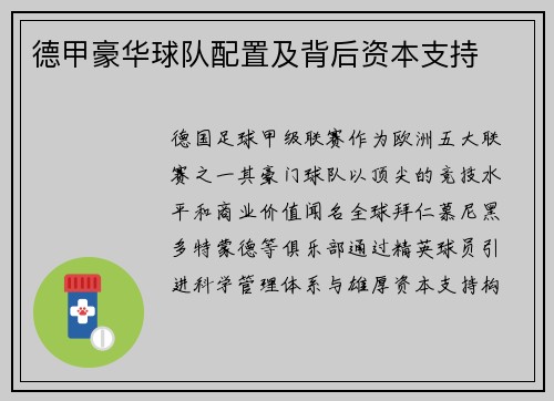 德甲豪华球队配置及背后资本支持